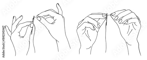 針に糸を通す手のイラストセット（裁縫・手芸）,針仕事,準備,繊細な作業,シンプル,ベクター