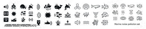 Marine noise pollution icons set with sea creatures and sound wa