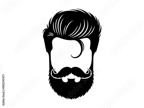Stylized illustration of a man's face with a prominent mustache and beard, featuring a slicked-back hairstyle.