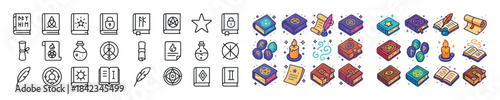 Collection of magical and alchemical icons featuring books, scro