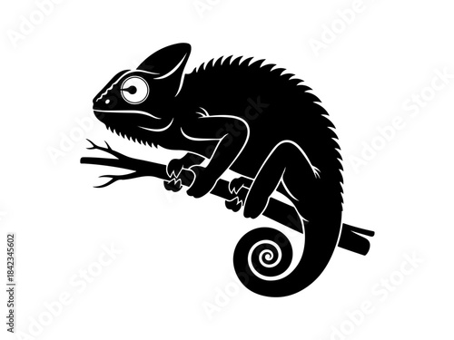 A black silhouette of a chameleon perched on a tree branch, showcasing its distinctive coiled tail and large eye.