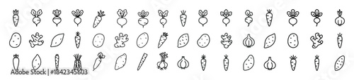 Black and white vegetable icons: carrot, turnip, onion, radish i