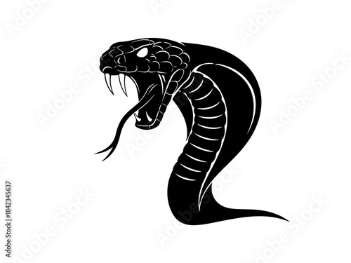 A striking black and white illustration of a cobra with its hood flared and fangs bared, ready to strike.