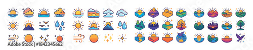 Colorful weather and nature icons featuring sun, clouds, mountai