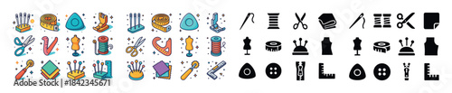 Colorful sewing tools and silhouettes collection with scissors,