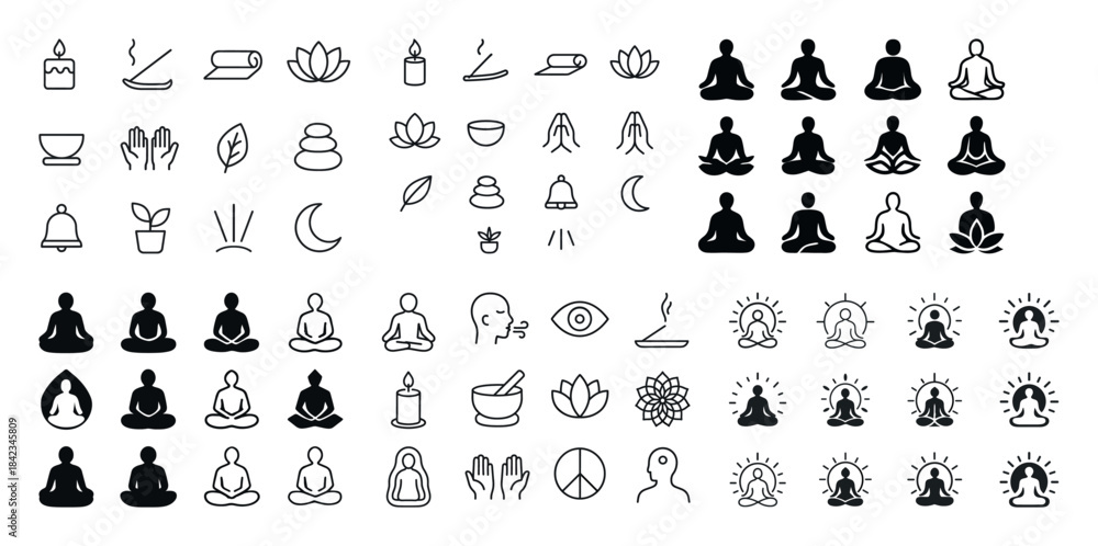Naklejka premium Meditation and yoga icon set: buddha, yoga poses, meditation sym