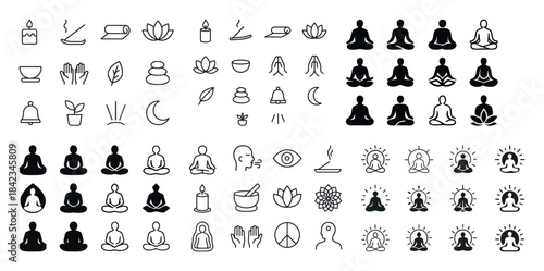 Meditation and yoga icon set: buddha, yoga poses, meditation sym