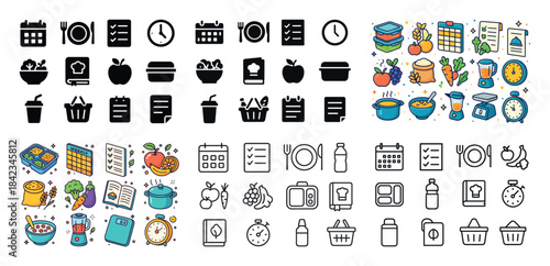 Meal planning icons: calendars, food, containers, and kitchen il