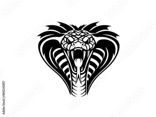 A fierce black and white illustration of a cobra with its hood flared and fangs bared, ready to strike.