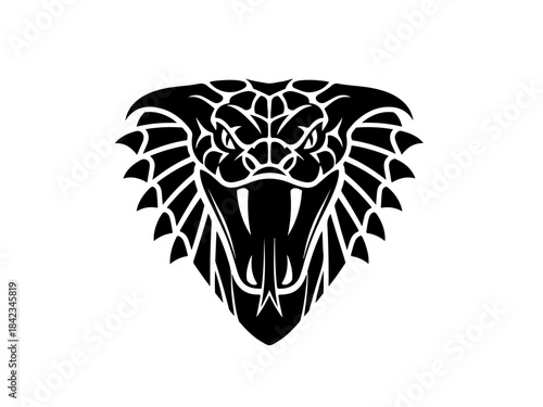 A stylized, fierce black cobra head with fangs bared and hood flared, rendered in a graphic, tribal art style.