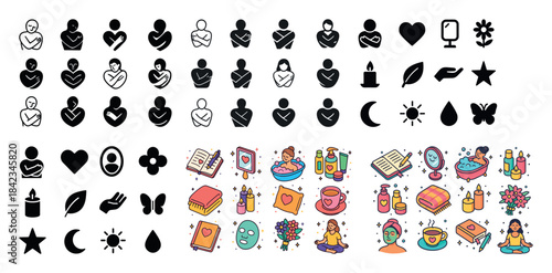 Diverse icon set: people, symbols, skincare, wellness, meditatio