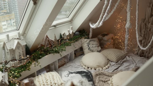 Warm evening in interior bedroom with bed and linens. Christmas decor or Newyear. Cozy space with plaids and pillows, shelf with branches fir with illumination garland glowing lights at home for relax