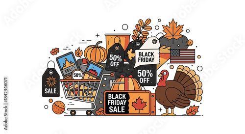Festive Black Friday and Canadian Thanksgiving sale illustration featuring a full shopping cart, turkey, pumpkins, and autumn leaves.