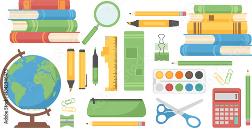 Collection of colorful school supplies and stationery items including books, globe, pencils, rulers, calculators, and art tools