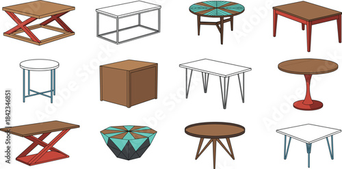 Collection of modern and minimalist table designs including round, square, wooden, metal, and geometric styles for interior illustrations