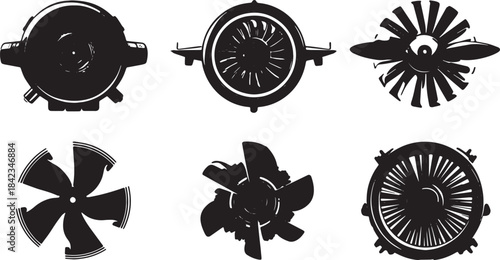 Airplane Engine and Propeller Component Black Silhouettes