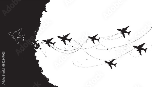 Airplane Flight Path and Route Line Black Silhouette Concepts