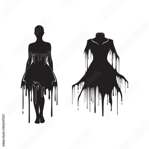 Two Drenched Dresses Melt into Shadows, Dark Fashion Meets Dramatic Contrast