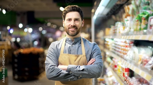 Portrait of a salesman male worker in a supermarket looking at camera and smiling. Handsome bearded man employee clerk in apron in grocery store Happy Positive greengrocer in market or hypermarket