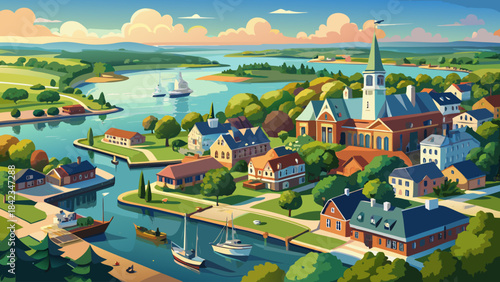 Very beautiful aerial perspective of Chestertown showing waterfront areas, greenery, and traditional colonial structures, creating a soft and inviting summer landscape ideal for travel and editorial 