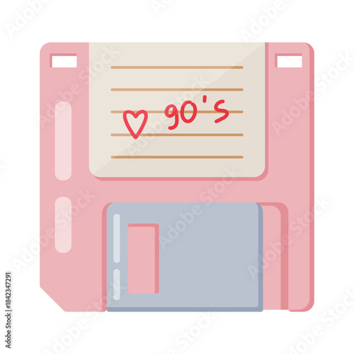 Retro pink floppy disk with 90s heart note