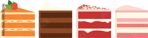 A colorful vector set featuring four delicious slices of layer cake, including chocolate, orange, red velvet, and pink strawberry flavors, perfect for bakery menus and dessert concepts