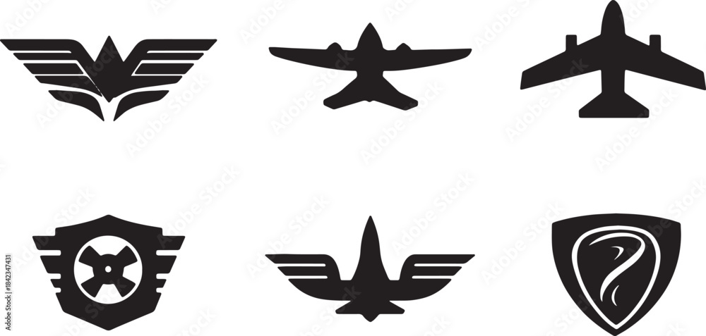 Fototapeta premium Airplane and Aviation Symbol Black Silhouette Emblem Set