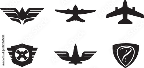 Airplane and Aviation Symbol Black Silhouette Emblem Set
