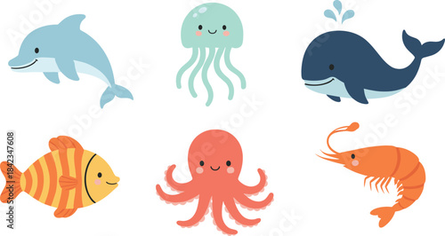 A delightful vector collection of six cute cartoon marine animals, including a dolphin, whale, jellyfish, fish, octopus, and shrimp, perfect for children's education and aquatic design themes