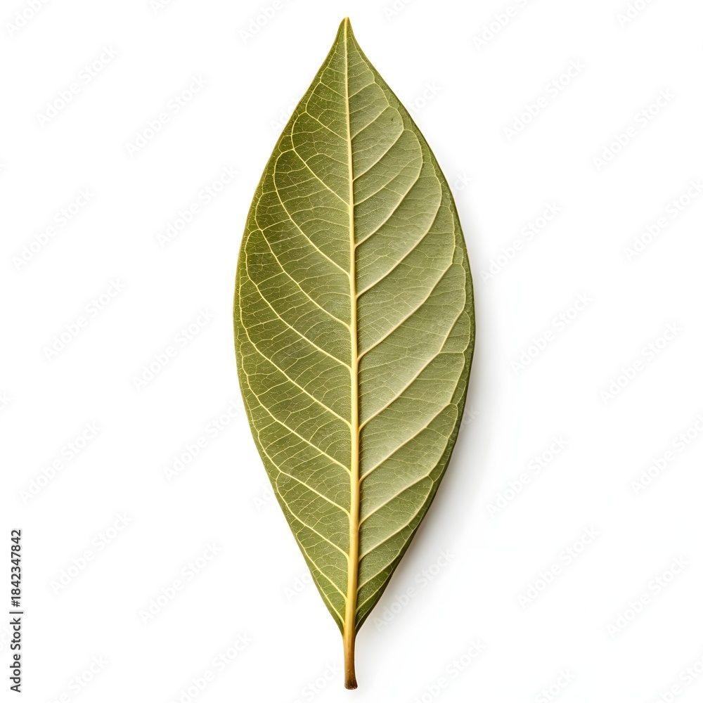 Obraz premium Podocarpus Latifolius Yellowwood Leaf Elegant Forest Green Radiance on Bright White Background Displaying Smooth Broad Texture, Subtle Gloss, and the Calm Endurance of Ancient Woodland Beauty