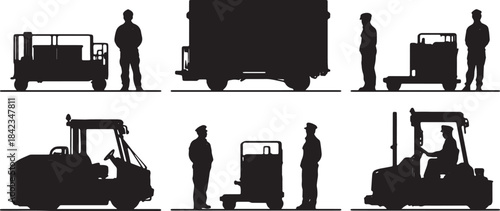 Airport Ground Crew and Support Vehicle Black Silhouettes Set