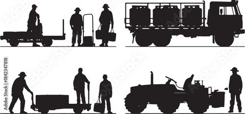 Airport Ground Crew and Support Vehicle Black Silhouettes Set