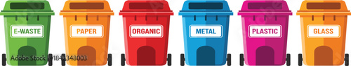 Colorful recycling bins illustration for waste segregation showing containers for paper, plastic, metal, glass, organic waste and e-waste