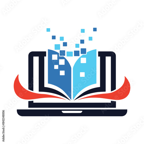 Open book with blue digital dots and red flames on a laptop