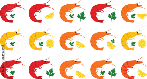 A decorative vector set featuring various orange and red shrimp with parsley and sliced lemon, ideal for seafood packaging, restaurant menus, and gourmet food advertising