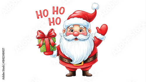 Cute Santa Claus Ho Ho Ho Illustration Holding Christmas Gift