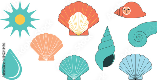 A decorative vector collection featuring various colorful flat-style sea shells, a sunburst, and a water drop, perfect for ocean themes, beach design, and marine life graphics