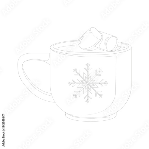 Outline illustration of a winter mug filled with hot cocoa and marshmallows, featuring a decorative snowflake. Cozy seasonal design perfect for holiday cards, prints, packaging, stickers