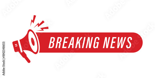 Loudspeaker graphic with breaking news text banner for immediate important announcement information