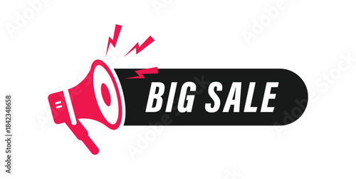Huge big sale discount offer promotion banner megaphone advertising label vector illustration for shopping