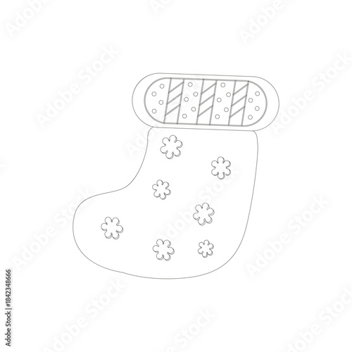 Outline illustration of a Christmas stocking decorated with snowflakes and a patterned cuff. Simple festive design suitable for holiday cards, gift wrap, coloring pages, stickers, and seasonal graphic