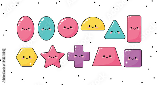 Cute cartoon geometric shapes with smiling faces for children’s learning materials, educational designs, posters, and playful illustrations
