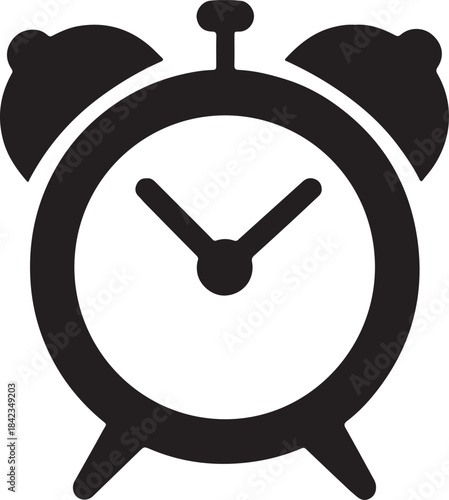 Simple black and white illustration of a classic alarm clock with hands