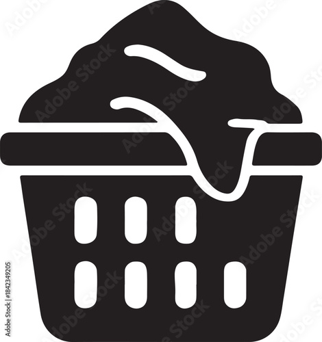 A black and white illustration of a laundry basket overflowing with clothes