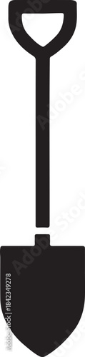 A simple black and white illustration of a garden digging shovel