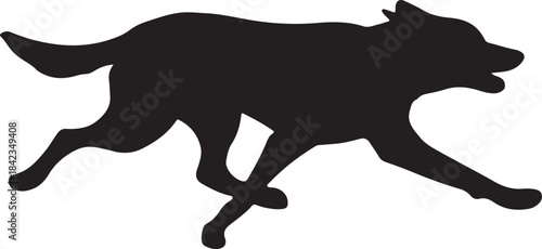 A silhouetted image of a dog running with outstretched front legs