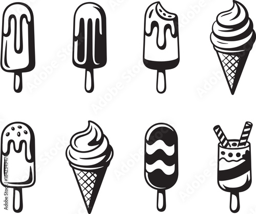 Monochrome Summer Dessert Vector Set: Ice Cream Cones and Popsicles