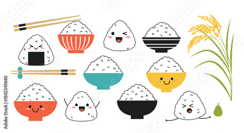 A cute and charming set of kawaii Japanese onigiri rice balls and rice bowls with smiling faces, chopsticks, and rice plants.