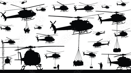 Collection of helicopter silhouettes isolated on transparent background