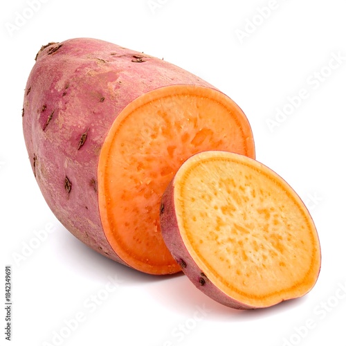 Close-up of a sweet potato, partially sliced, revealing its bright orange flesh
